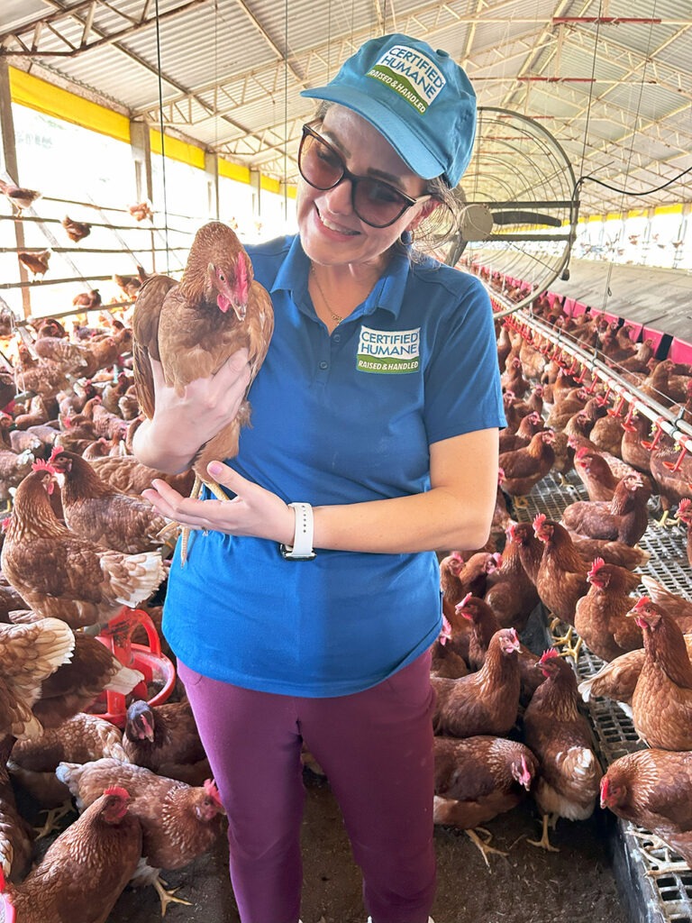 Dr. Rosangela Poletto in barn with brown chickens